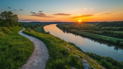 Scenic View of Winding River with Cycling Path at Sunset Overlooking Lush Green Landscape