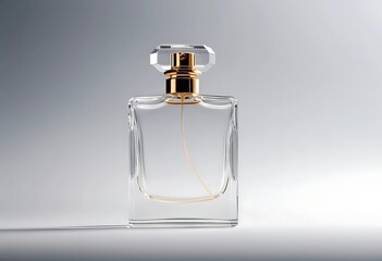 Elegant Clear Glass Perfume Bottle with Gold Accents on Gradient Background