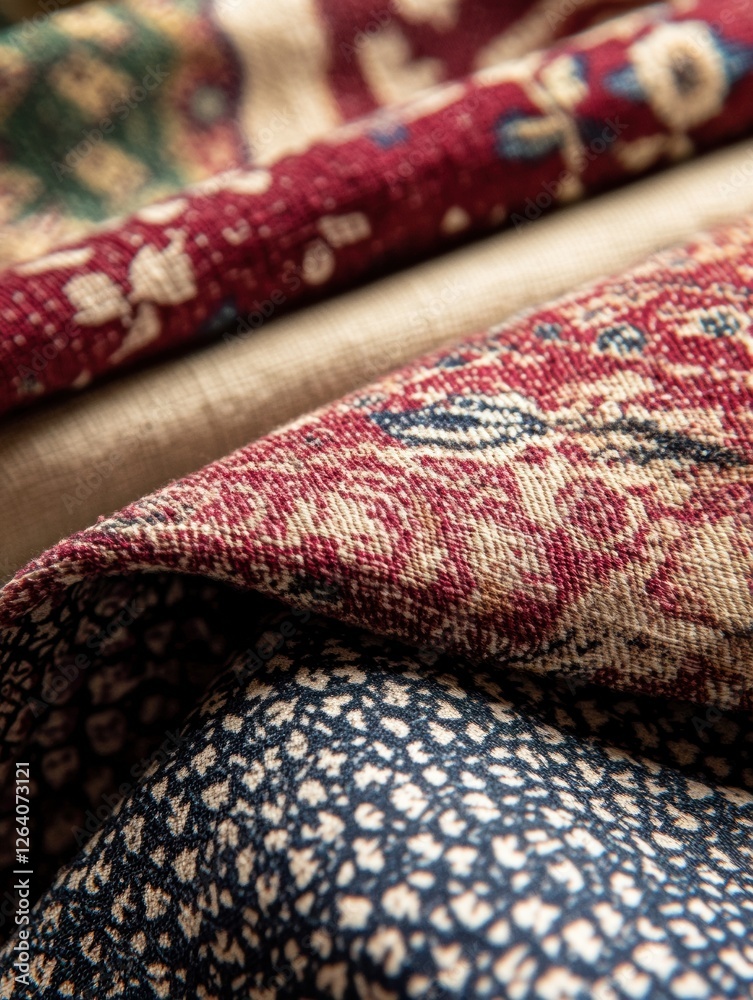 Poster patterns of floral and geometric designs on woven fabrics with space for creative text or design ele