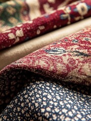 Fototapeta premium Patterns of floral and geometric designs on woven fabrics with space for creative text or design elements. Generative AI