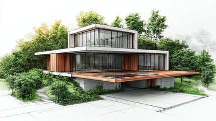 Modern architectural design of a luxurious home nestled amongst lush greenery