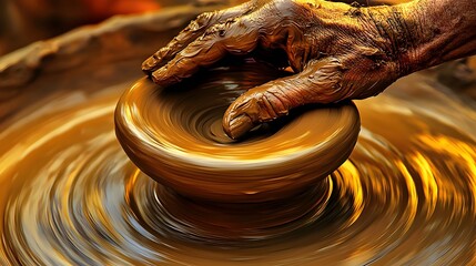 Close up of a skilled hands carefully shaping and molding clay on a spinning pottery wheel creating a unique and ceramic piece in a creative studio setting