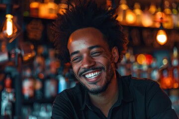 Fototapeta premium Smiling portrait of a young African American male bartender