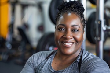 Fototapeta premium Smiling portrait of a middle aged slightly overweight woman in gym