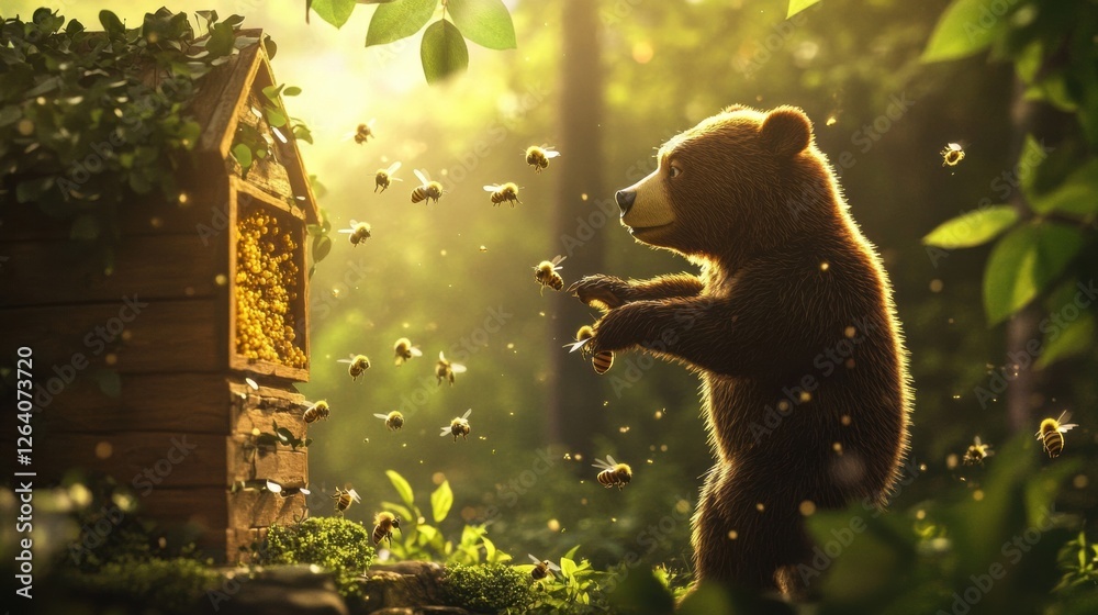 Poster bear interacts with bees near a honey hive in a sun drenched forest during golden hour. generative a