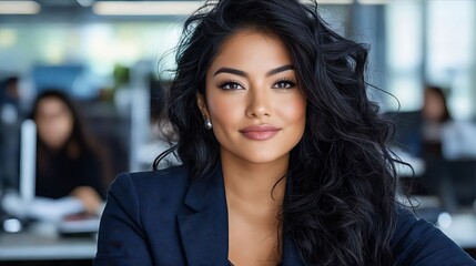 A woman with long black hair sitting at a desk in an office
