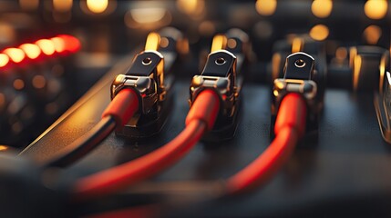 Close-up of car battery clamps with red and black cables