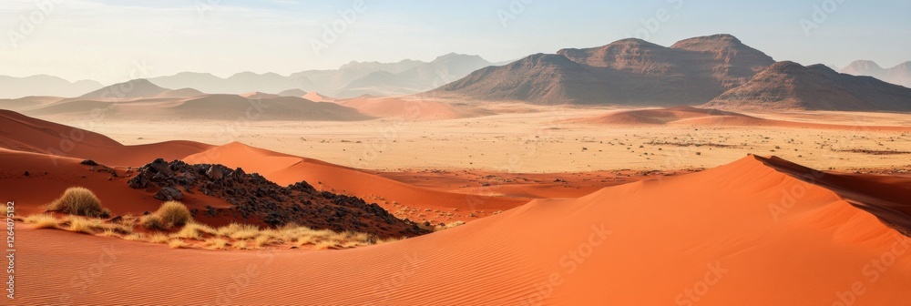 Poster vast expanse of orange sand dunes with distant mountains in the namib desert at dawn. generative ai