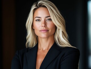 A woman in a black suit posing for a picture