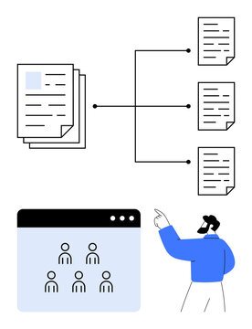 Stacked documents linked to split sub-documents, team interface, and pointing figure. Ideal for workflows, data management, teamwork, project planning, content organization, file sharing abstract