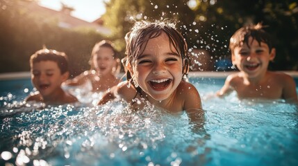 Joyful Children Laughing and Splashing Each Other with Water in a Sunlit Pool Setting