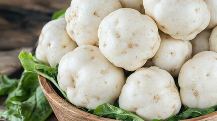 Fresh white turnips in wooden bowl, rustic background, healthy food