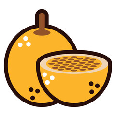 Colorful Vector Illustration of Whole and Sliced Passion Fruit with Visible Seeds – Ideal for Tropical Food Graphics, Nutrition Projects, and Exotic Fruit Educational Materials