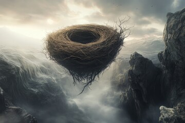 Giant Nest Suspended Above Misty Mountain Valley