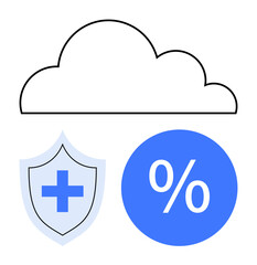 Cloud outline above medical shield and percentage symbol. Ideal for technology, healthcare, data security, cloud storage, medical cost management, online services, digital solutions. Abstract line