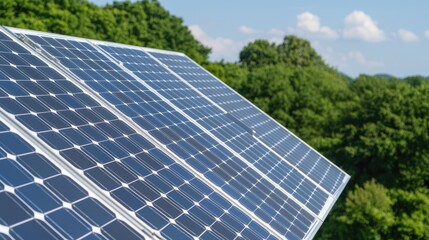 Solar panels on a rooftop overlooking lush green hills