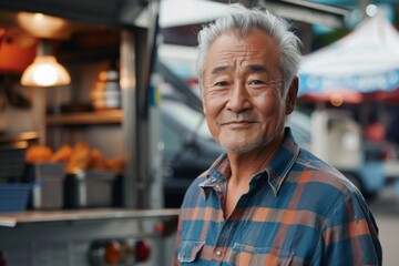 Obraz premium Portrait of a middle aged Asian male food truck owner
