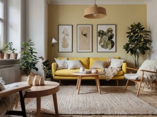 Fototapeta premium Yellow Sofa Living Room Decor With Plants And Artwork