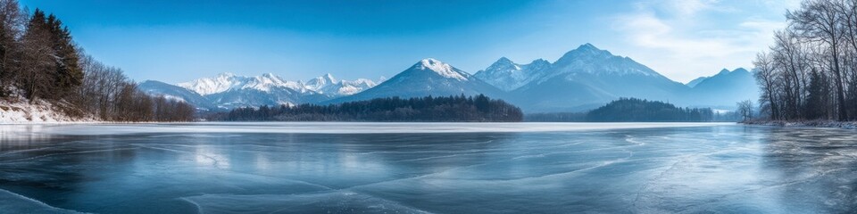 Fototapeta premium Serene Winter Landscape: A captivating panoramic vista of a tranquil alpine lake, its icy surface reflecting the snow-capped peaks and the azure sky. The air is crisp and still.