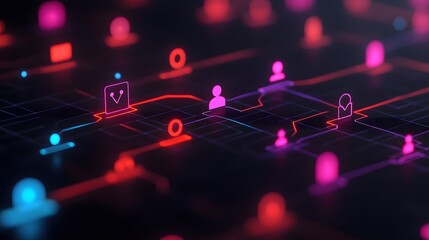 Futuristic branding flowchart visualization with glowing segmented icons representing brand touchpoints and audience metrics displayed over a dynamic digital grid