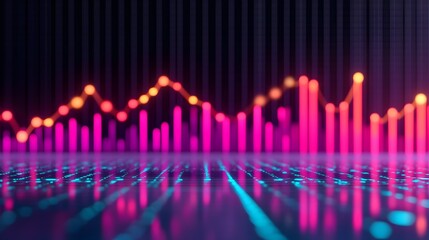 Futuristic and visually striking abstract concept of data analytics performance insights and dynamic financial graphs and SWOT icons layered on a vibrant neon colored and illuminated backdrop