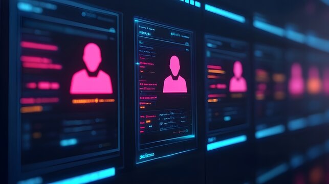 Futuristic data driven marketing team analyzing consumer preferences and crafting innovative digital strategies using glowing persona icons and colorful data visualization charts displayed on