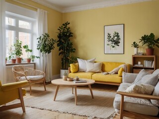 Yellow Living Room Decor With Plants And Wooden Furniture