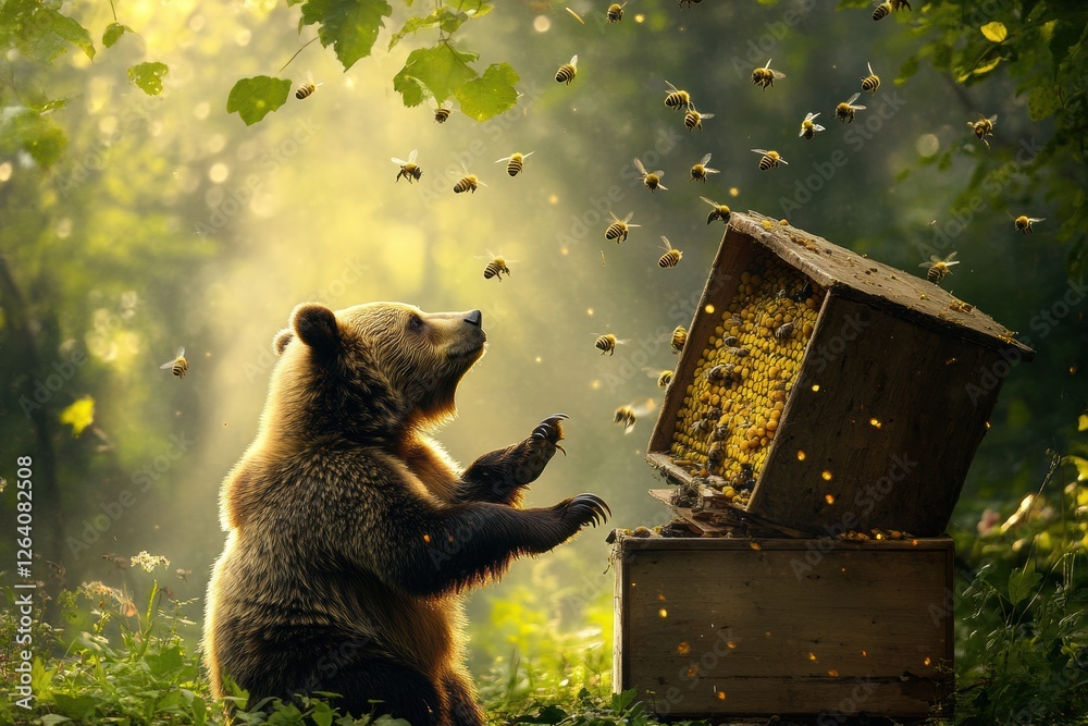 Poster bear interacting with bees near a wooden hive in a sunlit forest setting. generative ai