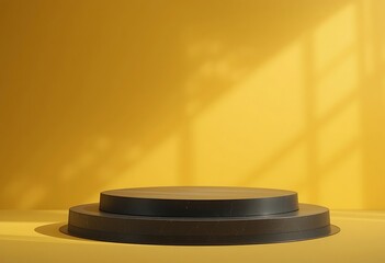 Round Black Marble Display Stand with Warm Yellow Background and Shadow
