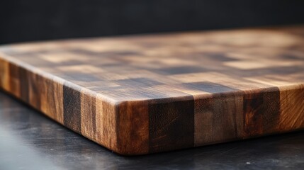 Dark wood cutting board, kitchen counter, close-up, food prep