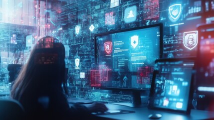 A virtual learning environment showcased on a computer screen with a group video call of diverse students participating in a cyber safety workshop adorned with digital certificates