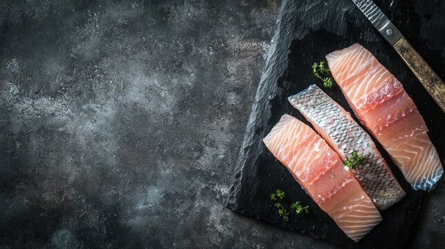 Fresh salmon fillets on slate, dark background, food photography, recipe