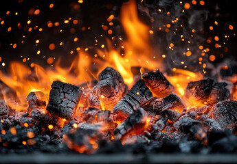 Burning Charcoal Briquettes, Fiery Flames, Sparks, Outdoor Grill