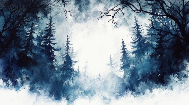 Misty forest clearing, winter trees, dark branches, snowy background, game design