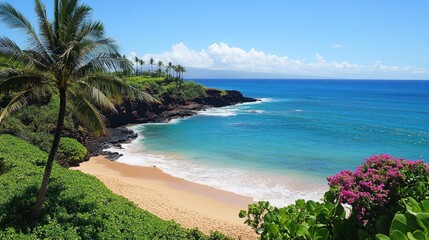 Fototapeta premium Tropical beach cove, ocean view, palm trees, sunny day, travel brochure