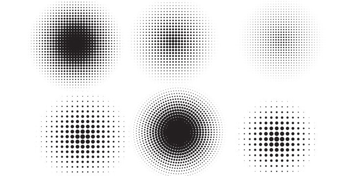 Halftone gradient. Dotted gradient, smooth dots spraying and halftones dot background seamless horizontal geometric pattern vector template set modern circle background