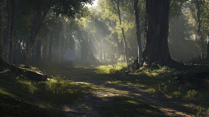 Obraz premium Sunbeams illuminate forest path, morning mist, nature background, game design