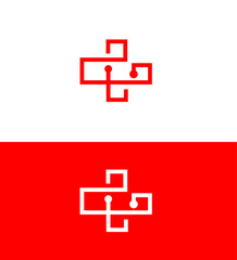 Obraz premium Modern Medical Tech Logo Design Red Cross Circuitry Symbol