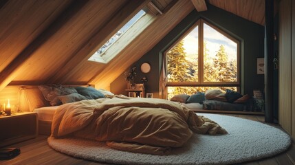Fototapeta premium Cozy attic bedroom featuring large window view of snowy forest