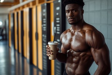 Athletic man holding drink in gym, showcasing muscular physique and confidence