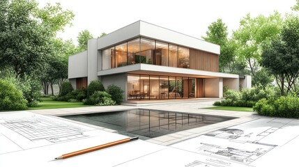 Modern architectural design of a luxury home with a pool brought to life from blueprints