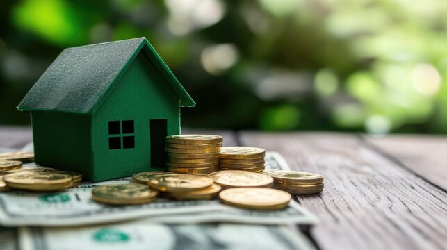A miniature house model with coins representing investment and savings on a wooden surface.
