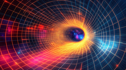 Abstract neon grid tunnel: psychedelic 3d warp space flight animation. Warped Reality Paintings. Illustration