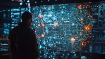 A central display panel showcases an intricate digital map of the nations cyber infrastructure with glowing connections and alerts highlighting potential vulnerabilities underscoring