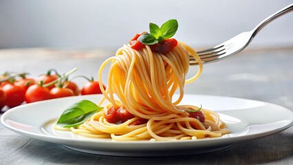 Long strands of spaghetti twirl around a fork on a white plate , homestyle cooking, tomato sauce