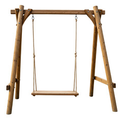 Capture the charm of simplicity with a beautifully crafted wooden swing set against a clean white background—perfect for evoking nostalgia, rustic themes, or serene outdoor concepts in your designs."