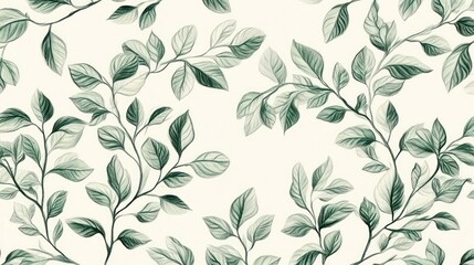 Fototapeta premium Sage green leaves, botanical illustration, seamless pattern, cream background, textile design