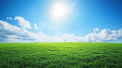 Obraz premium Sunny green field, blue sky, fluffy clouds, idyllic landscape, nature background