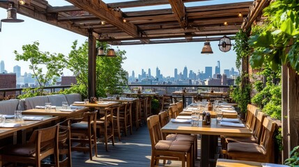 Fototapeta premium Elegant rooftop restaurant with panoramic views, wooden tables, and modern decor