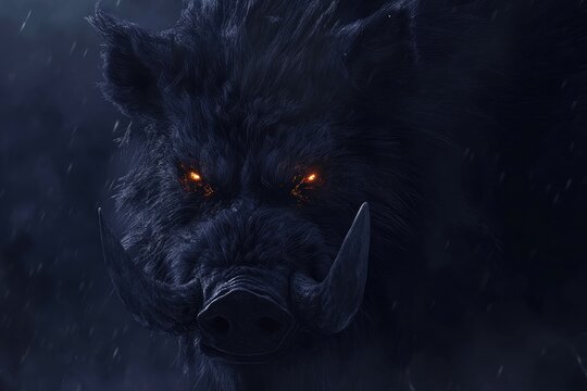 A menacing black boar with glowing eyes in the rain
